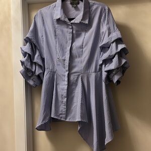 Gracia Blue Striped Ruffle Sleeve Blouse